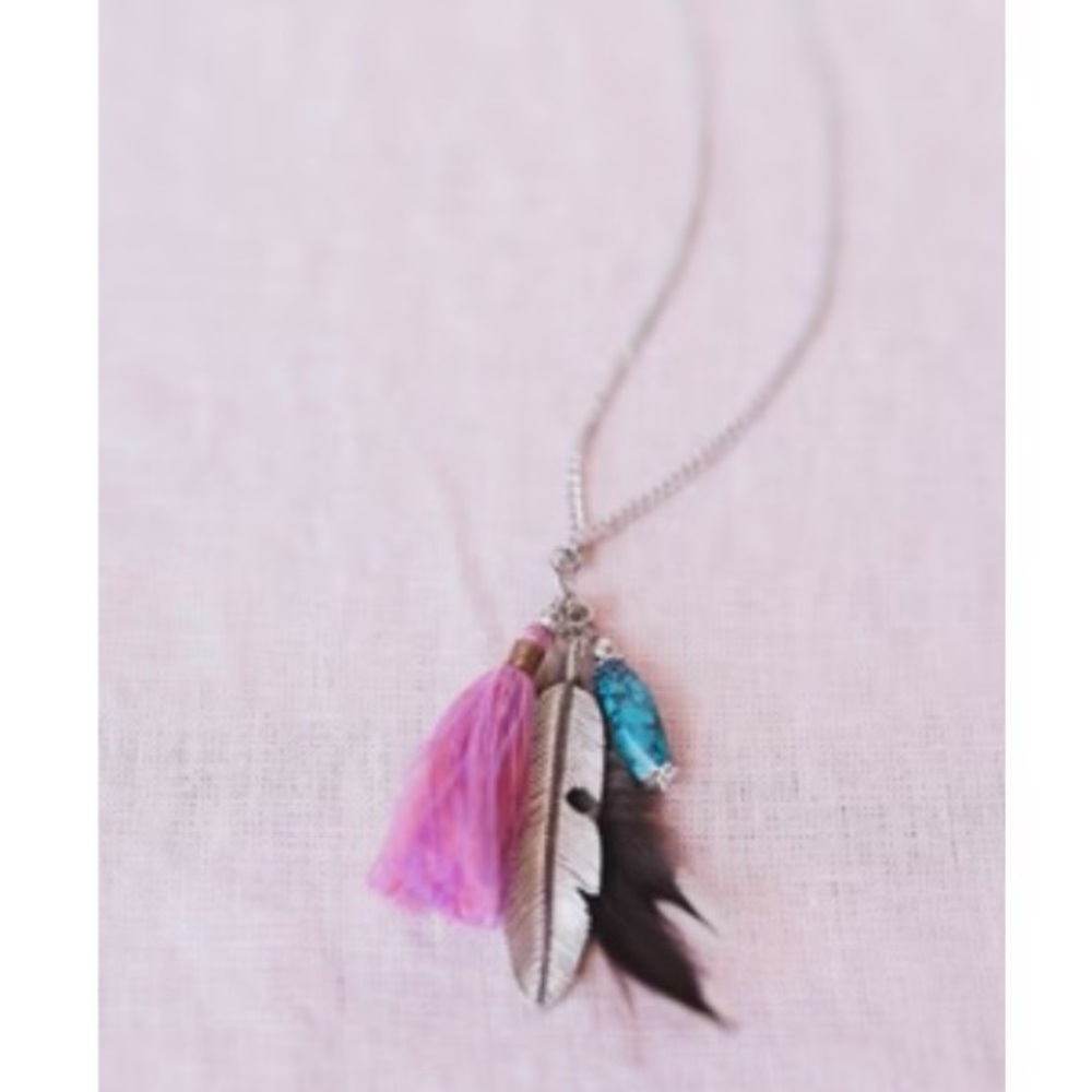 Feather Pendant Necklace with Pink and Blue Accents